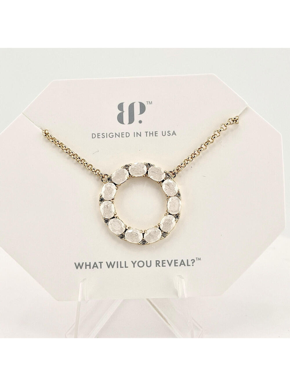 Bomb Party Necklace "Circle of Dreams" White Ice Crystal on Yellow Gold